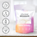 Packaging of lemon lavender shower steamers with branding and product details on a light background.