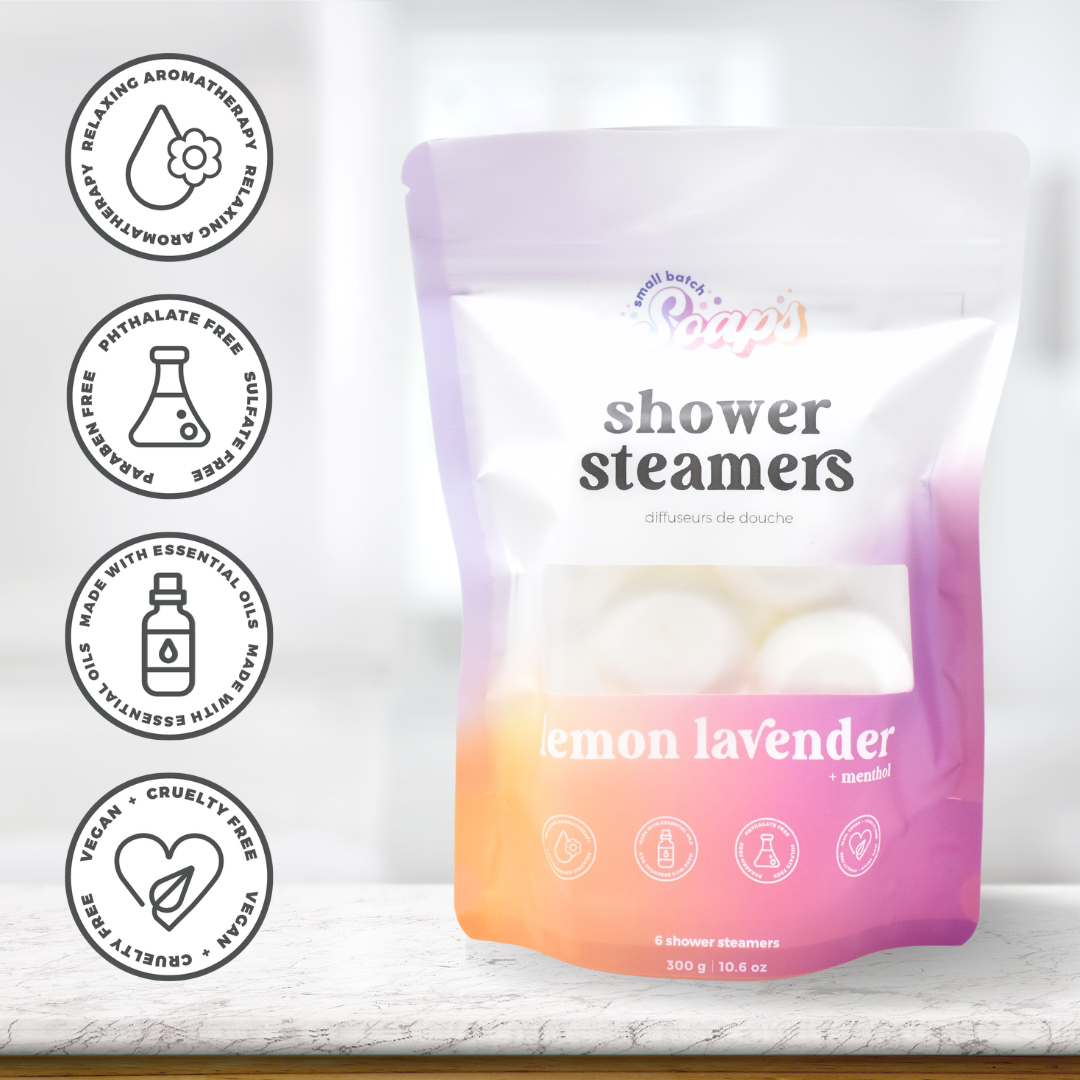 Packaging of lemon lavender shower steamers with branding and product details on a light background.