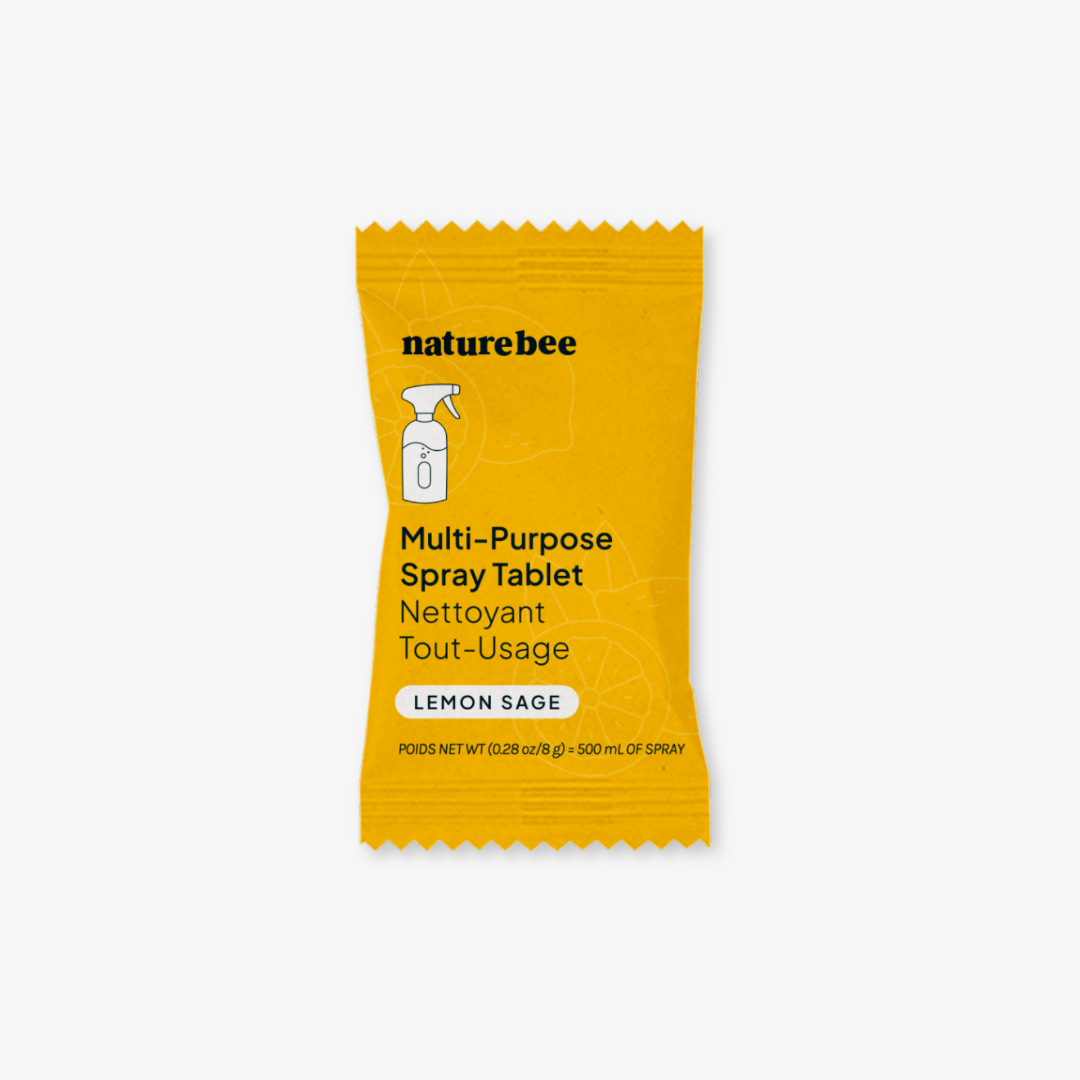 Yellow packaging of naturebee multi-purpose spray tablet on a white background