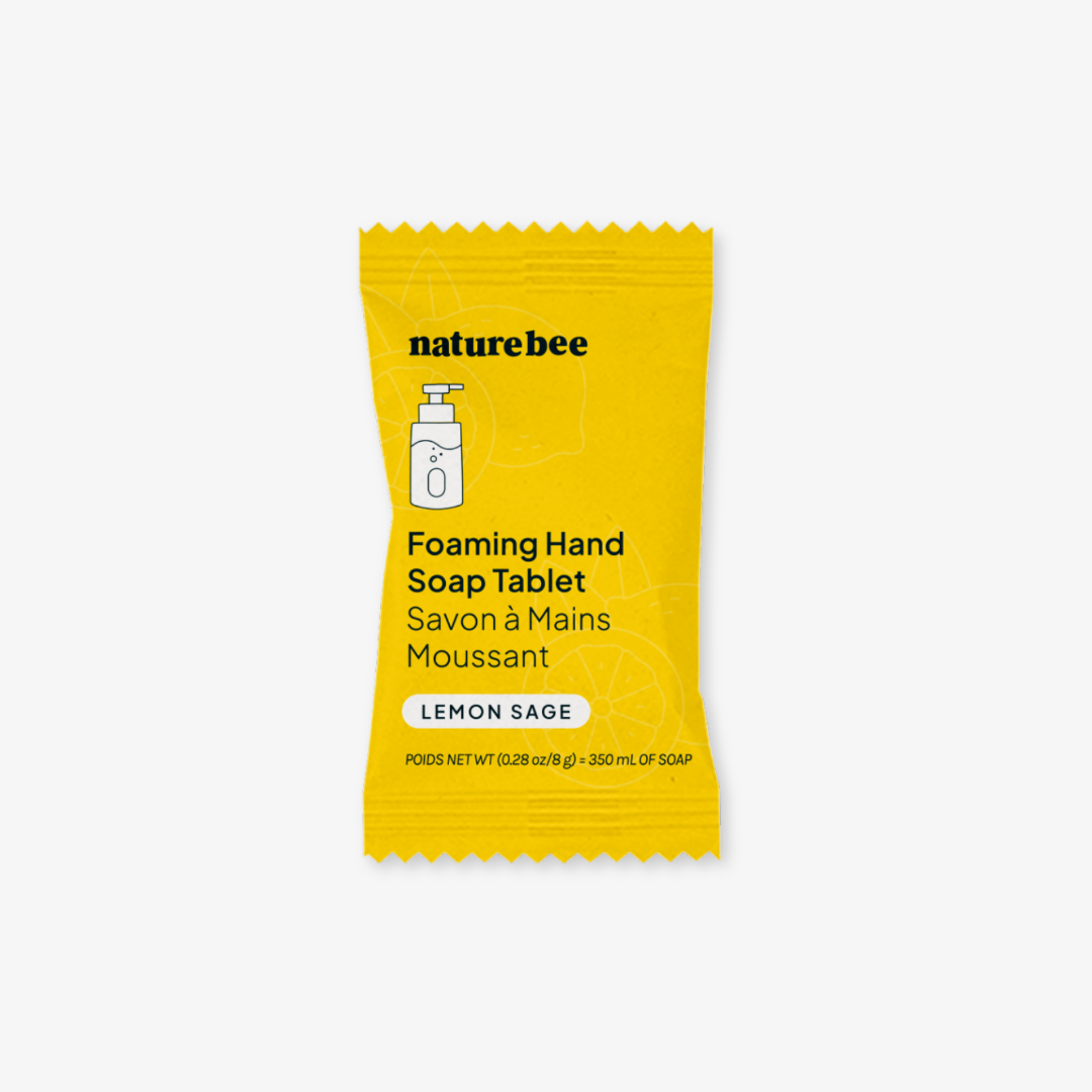 Yellow package of naturebee foaming hand soap tablet on a white background