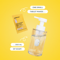 Foaming hand soap tablet packaging with a pump bottle on a yellow background