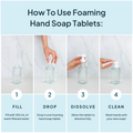 Step-by-step guide on how to use foaming hand soap tablets with clear glass bottles.