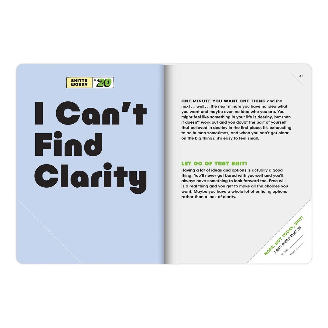 A book titled "Let Go of That Sh*t: Overthinking" with a beige cover and black text. The cover features an illustration of a hand throwing crumpled paper into a trash can. The book's subtitle is "45 Little, Big Ways to Relax and Let Go of Overthinking, Overwhelm, Scatterbrain." The back cover has the same title and subtitle, along with the phrase "Read-and-Release Book."