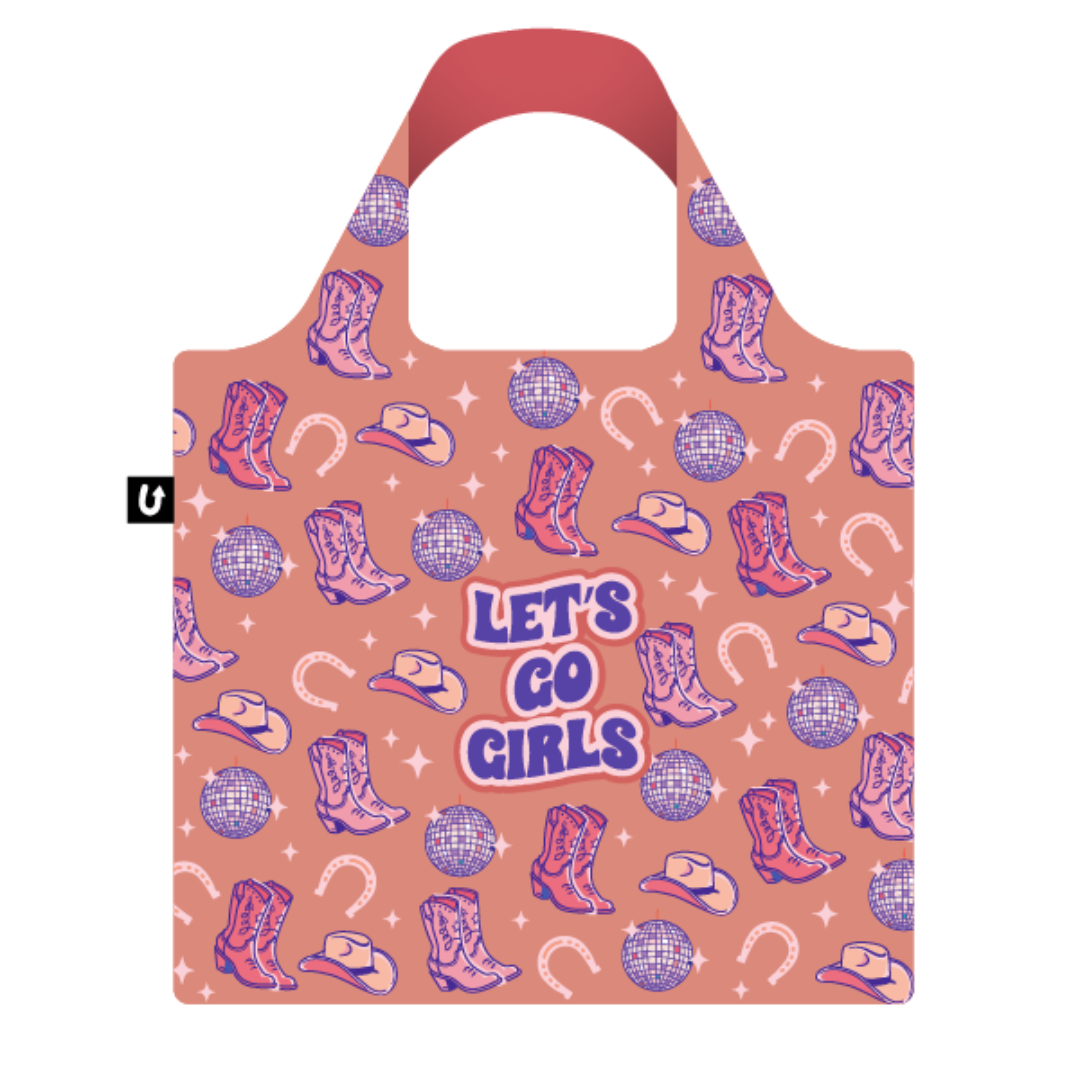 Reusable bag with cowboy boot, hat, and disco ball pattern on a pink background with 'Let's Go Girls' text.
