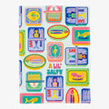 Colorful patterned book cover with various illustrations and text on a white background