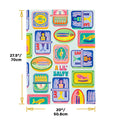 Colorful graphic design with text and icons, featuring dimensions on a white background.