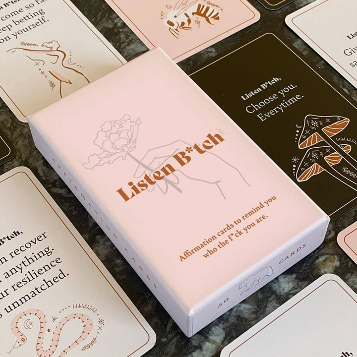 A box of affirmation cards titled 