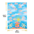 Beach towel with a tropical design, sun, clouds, and text, with measurements indicated.