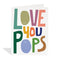 White greeting card featuring large, colourful, and slightly abstract lettering that reads 