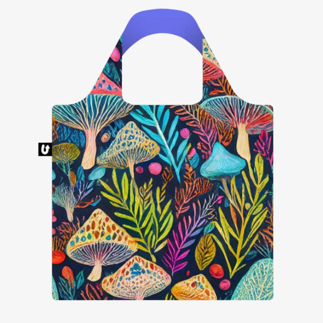 A colorful tote bag with a psychedelic mushroom and plant pattern. The bag has a dark blue background with bright, vibrant colors.