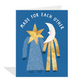 Greeting card with star and moon characters holding hands on a blue background with 'Made for Each Other' text.