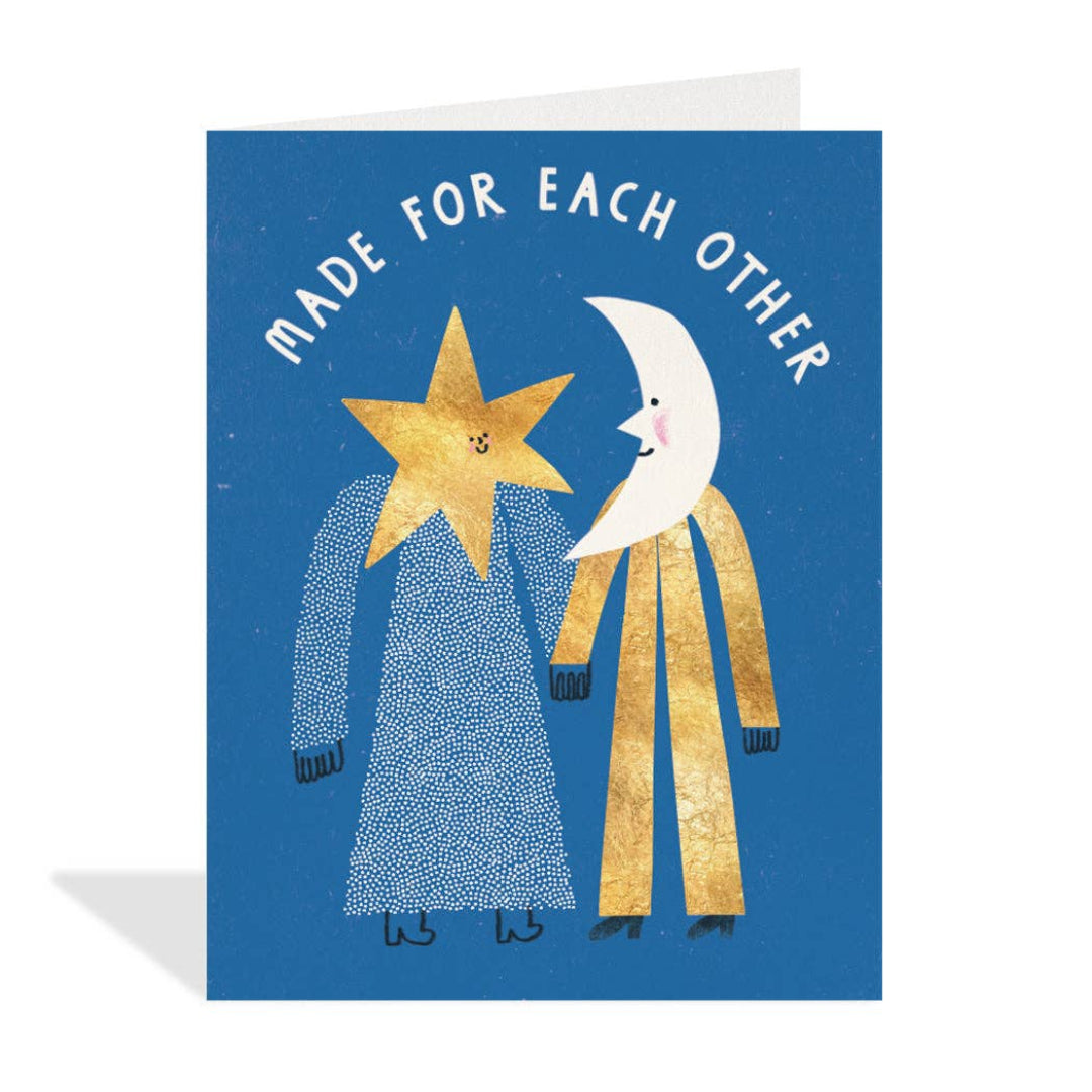 Greeting card with star and moon characters holding hands on a blue background with 'Made for Each Other' text.