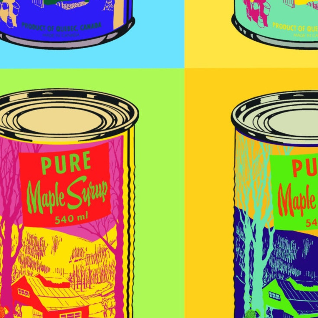 A vibrant pop art print featuring nine stylized cans of pure maple syrup in a grid, each with a different bold color background and contrasting can design. This Canadian food art is likely of interest in Ottawa, Ontario, Canada, known for maple syrup.