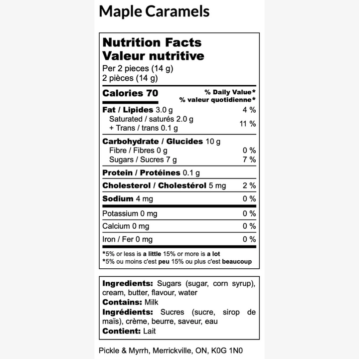 Maple Caramels nutrition facts