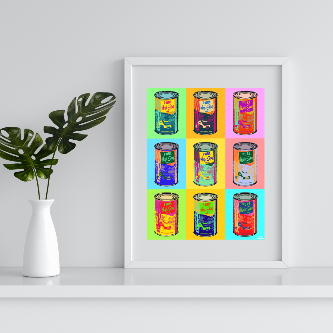 A vibrant pop art print featuring nine stylized cans of pure maple syrup in a grid, each with a different bold color background and contrasting can design. This Canadian food art is likely of interest in Ottawa, Ontario, Canada, known for maple syrup.