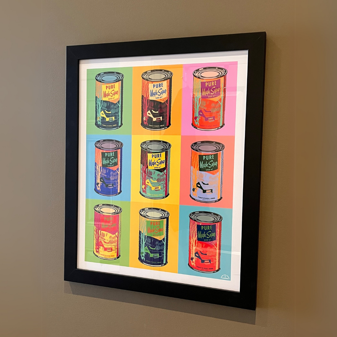 A vibrant pop art print featuring nine stylized cans of pure maple syrup in a grid, each with a different bold color background and contrasting can design. This Canadian food art is likely of interest in Ottawa, Ontario, Canada, known for maple syrup.