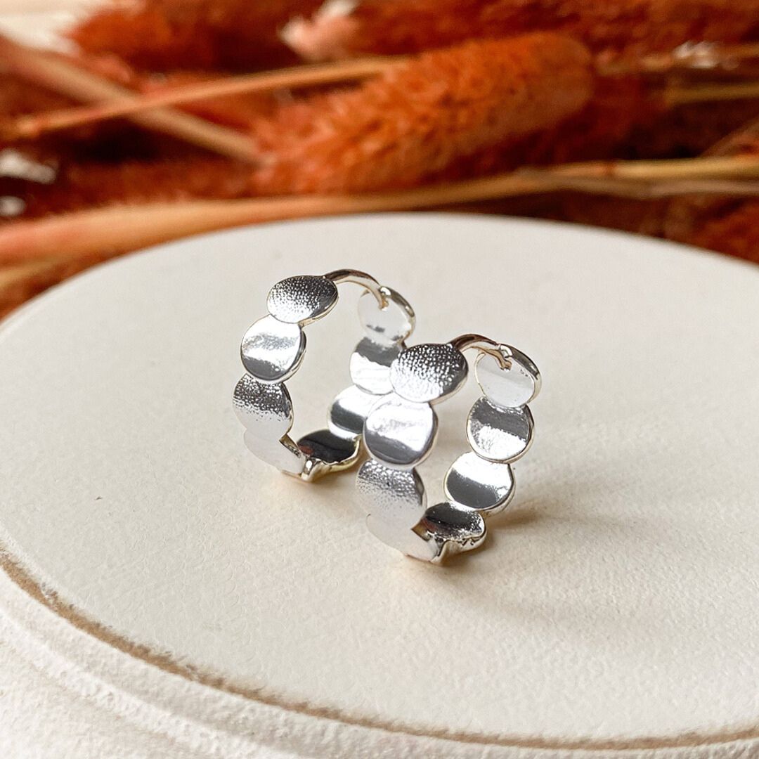 Silver hoop earrings on a white surface with dried plants in the background