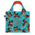 Reusable bag with dachshund pattern and text 'LESS MEANIES MORE WEENIES' on a blue background