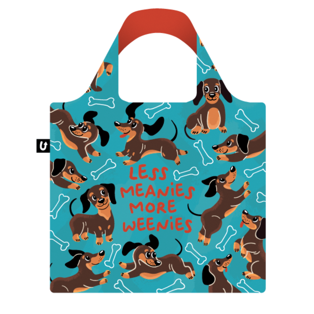Reusable bag with dachshund pattern and text 'LESS MEANIES MORE WEENIES' on a blue background