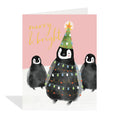 Christmas card with penguins and a tree on a pink background