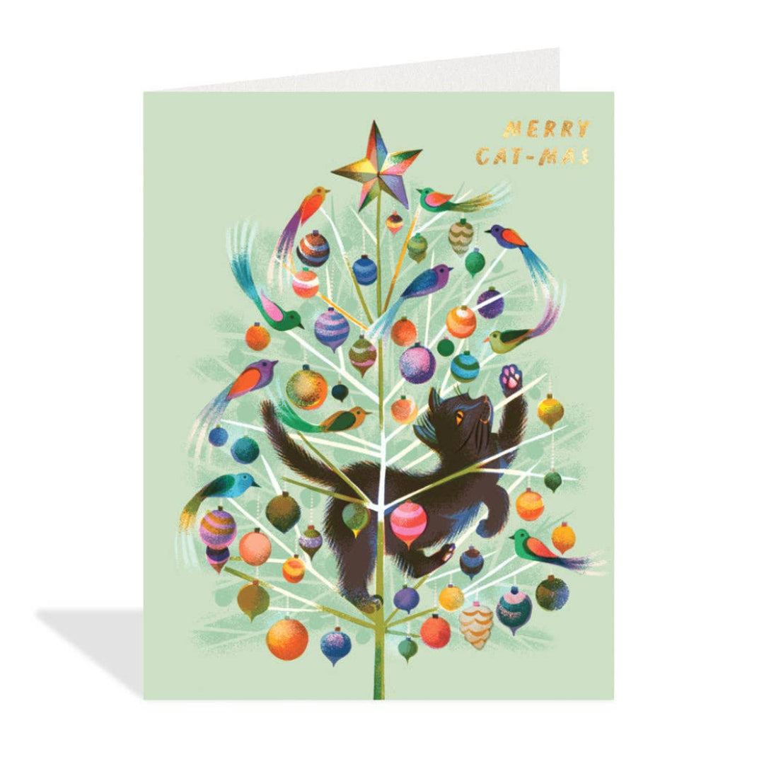 Greeting card with a colorful Christmas tree design featuring a bear and birds on a light green background.