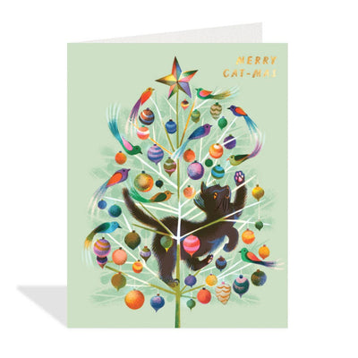 Greeting card with a colorful Christmas tree design featuring a bear and birds on a light green background.