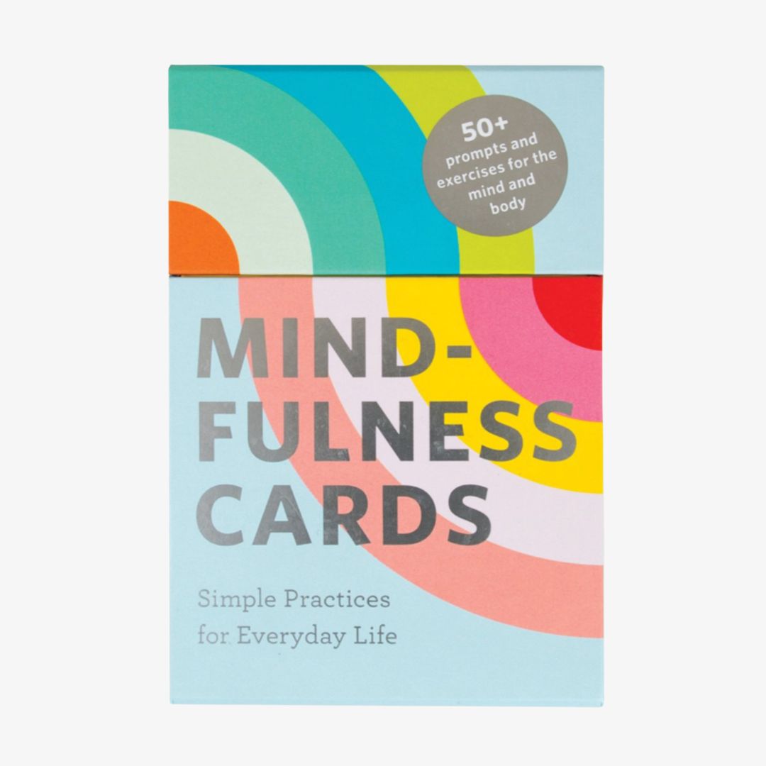 Front of the 'Mindfulness Cards' box featuring a colorful retro wave design in teal, yellow, pink, orange, and light blue with dark gray text.