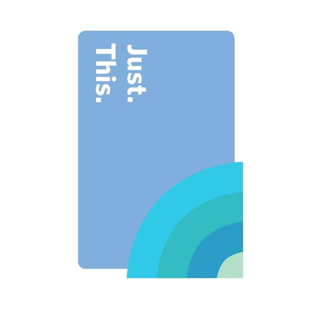 A blue rectangular card or package with rounded corners on a white background, featuring the text 'Just. This.