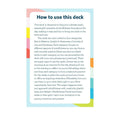 A printed card or booklet page titled "How to use this deck" with a white center panel, pastel border accents in pink, blue, yellow, and green, and dark teal text explaining the card deck categories and usage.