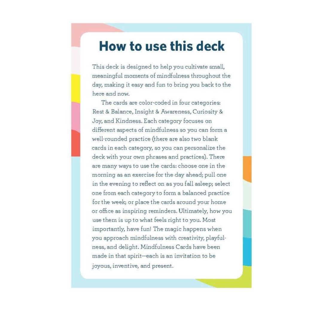 A printed card or booklet page titled "How to use this deck" with a white center panel, pastel border accents in pink, blue, yellow, and green, and dark teal text explaining the card deck categories and usage.