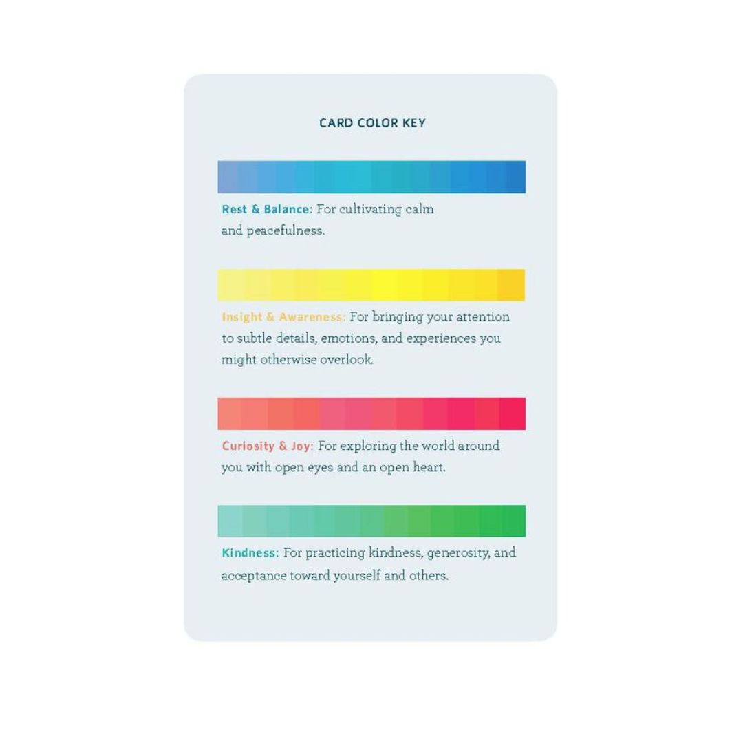 A vertical card labeled 'CARD COLOR KEY' with five colored bars and text associations: blue for Rest & Balance, yellow for Insight & awareness, red for Curiosity & joy, green for Kindness, and a light blue card background.