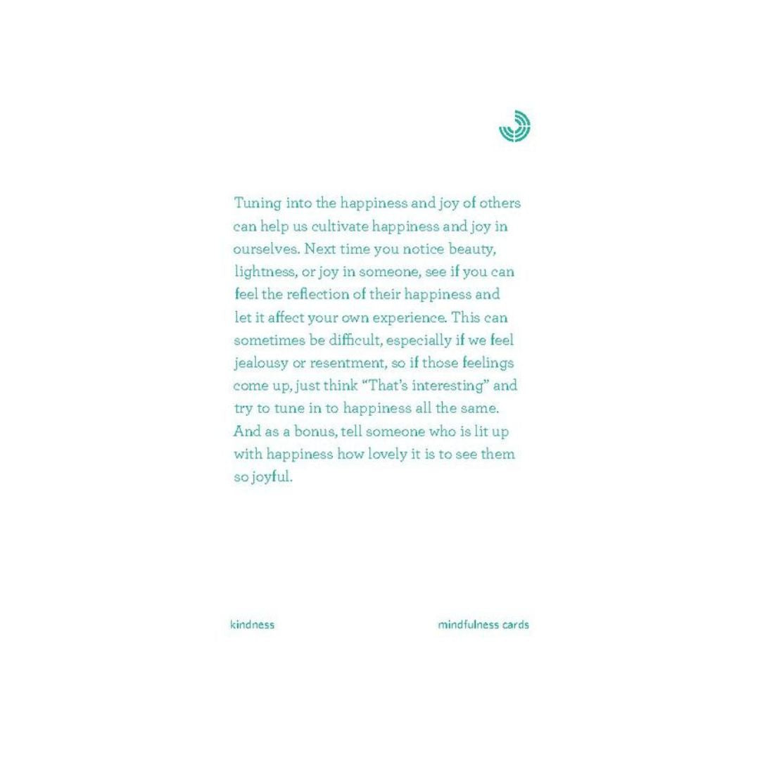 A minimalist card with a white background featuring a teal quote about happiness and kindness, a small teal leaf logo at the top right, and the text 'kindness' and 'mindfulness cards' at the bottom.