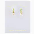 Gold and green earrings on a 'Foxy Originals' branded card with 'Good things are coming' text.