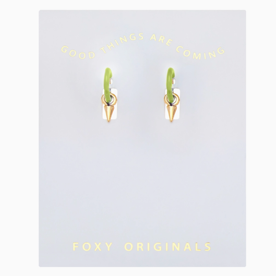 Gold and green earrings on a 'Foxy Originals' branded card with 'Good things are coming' text.