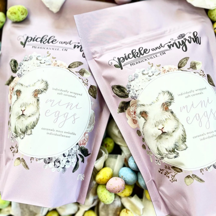 A purple bag of Pickle + Myrrh Mini Egg Caramels with a drawing of a bunny and the text 'mini eggs', surrounded by loose mini egg caramels in various pastel colors. These are gourmet, handmade caramels from Merrickville, Ontario, Canada.