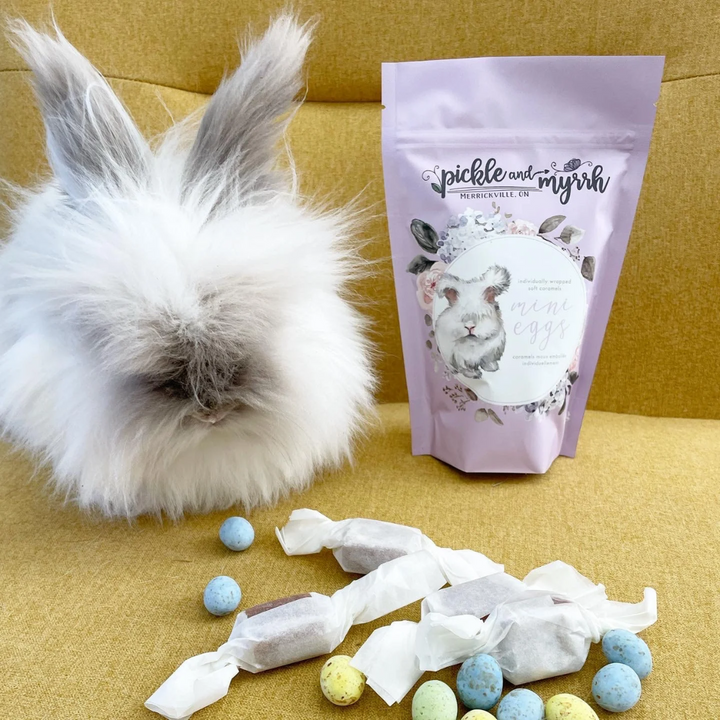 A purple bag of Pickle + Myrrh Mini Egg Caramels with a drawing of a bunny and the text 'mini eggs', surrounded by loose mini egg caramels in various pastel colors. These are gourmet, handmade caramels from Merrickville, Ontario, Canada.