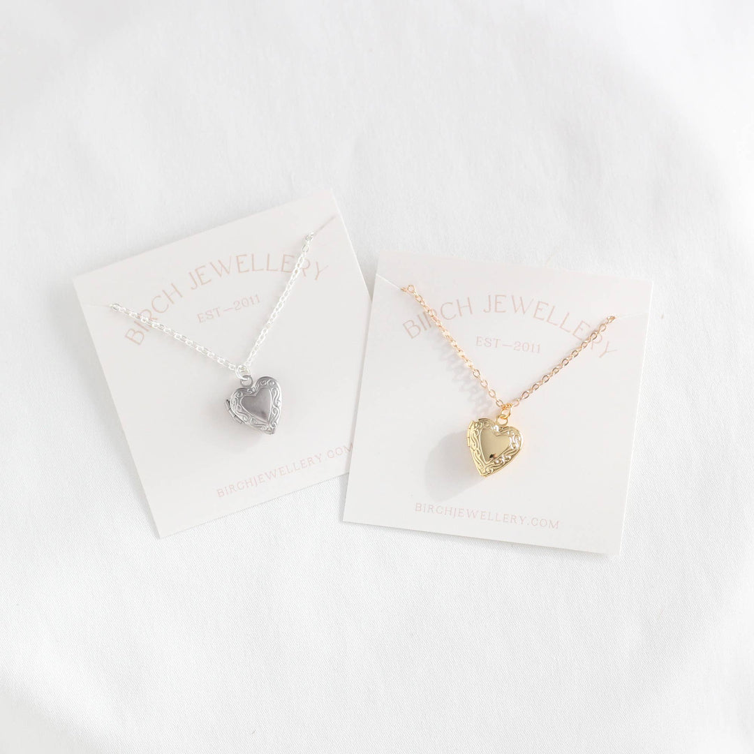 Two heart-shaped necklaces, one silver and one gold, on display with 'Sasha Jewellery' cards.