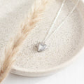Heart-shaped crystal pendant necklace on a white plate with a dried plant