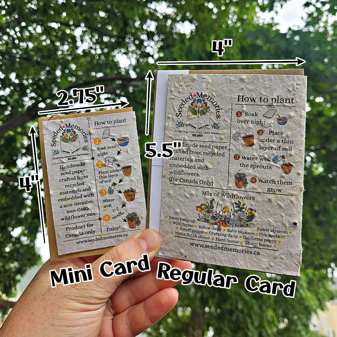Comparison of a mini card and a regular card with measurements and text on a natural background.