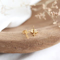 Gold star-shaped earrings on a wooden surface
