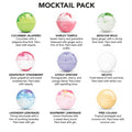Mocktail pack with colorful spherical drinks and flavor descriptions on a white background