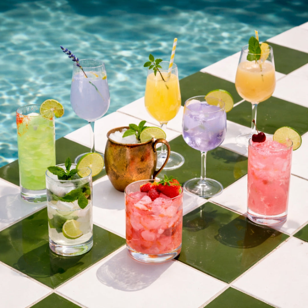 Assorted colorful cocktails on a poolside table