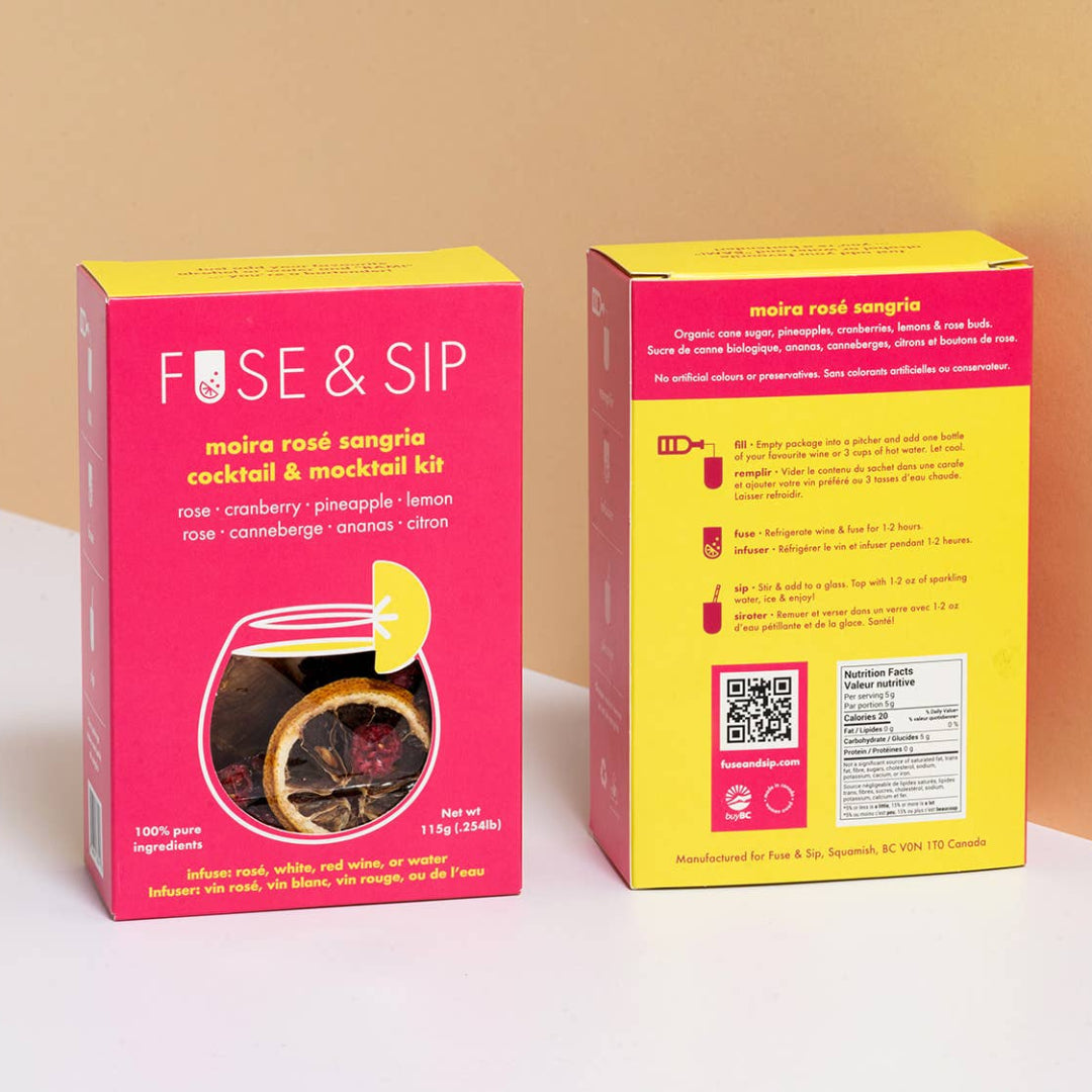 Two boxes of Fuse & Sip cocktail kit on a beige background