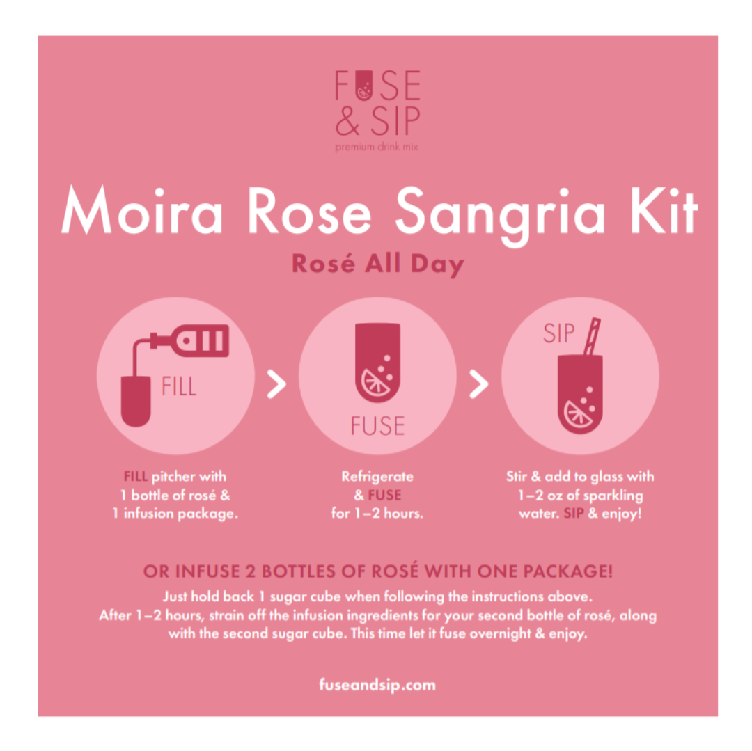 Fuse & Sip Moira Rose Sangria Kit instructions on a pink background