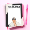 Greeting card with a cartoon character and text 'Things to do around the Mojo Dojo Casa House' on a pink background.