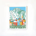 Illustration of a colorful village with a mountain and ski lift on a white background