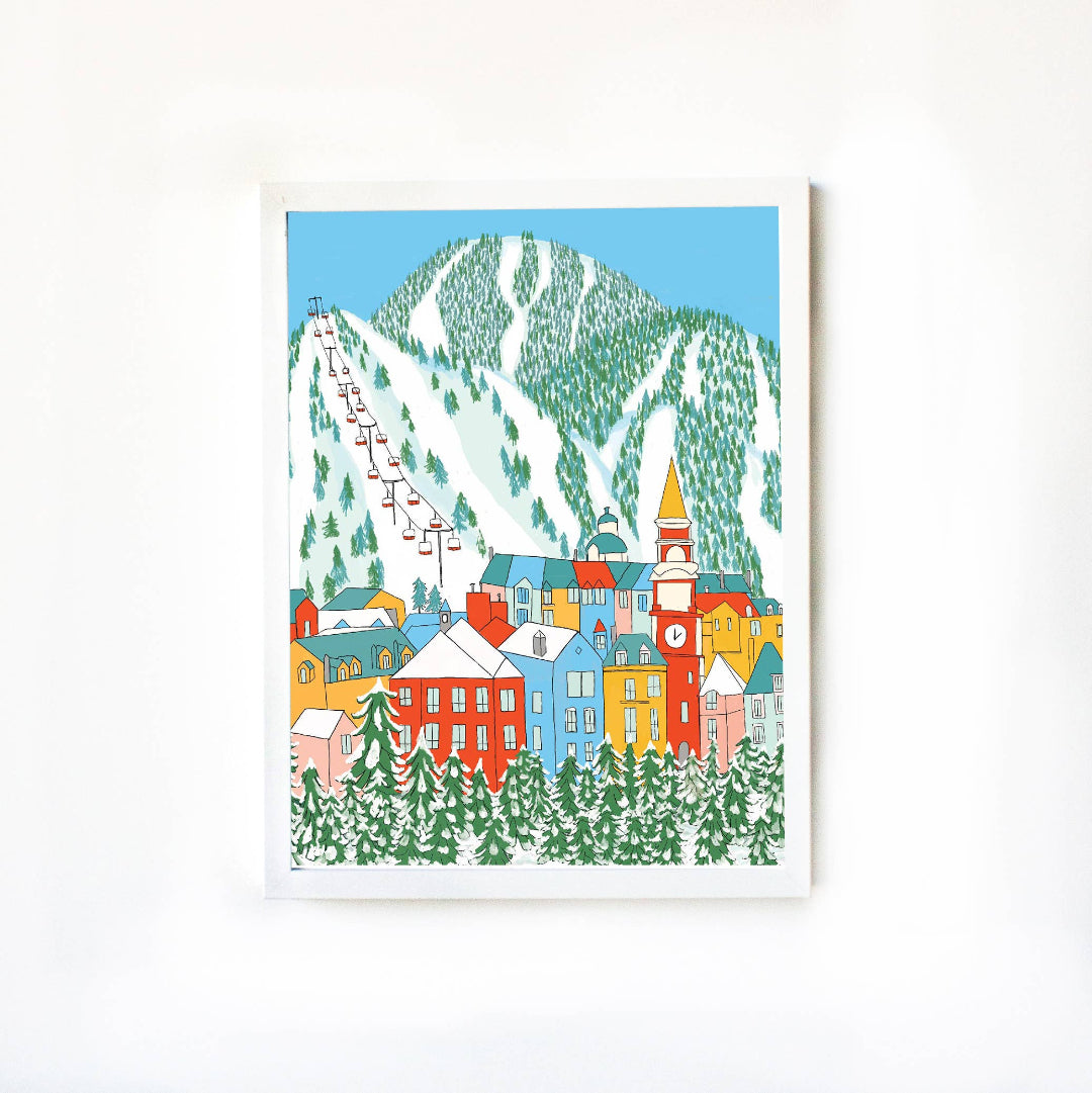 Illustration of a colorful village with a mountain and ski lift on a white background