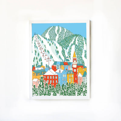 Illustration of a colorful village with a mountain and ski lift on a white background