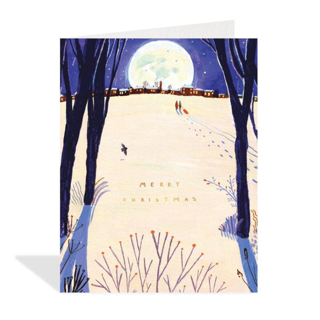 Christmas card with winter scene, moon, and people skiing.