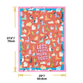 Dog-themed blanket with various dog illustrations and dimensions on a white background